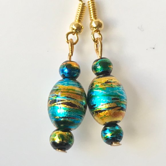 Blue Amber Murano Glass Earrings Bead Hand Painted Round Gold Plated - Picture 3 of 8